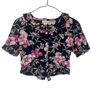 Jaclyn Smith Vintage Navy Blouse with Pink Floral Design Size Large